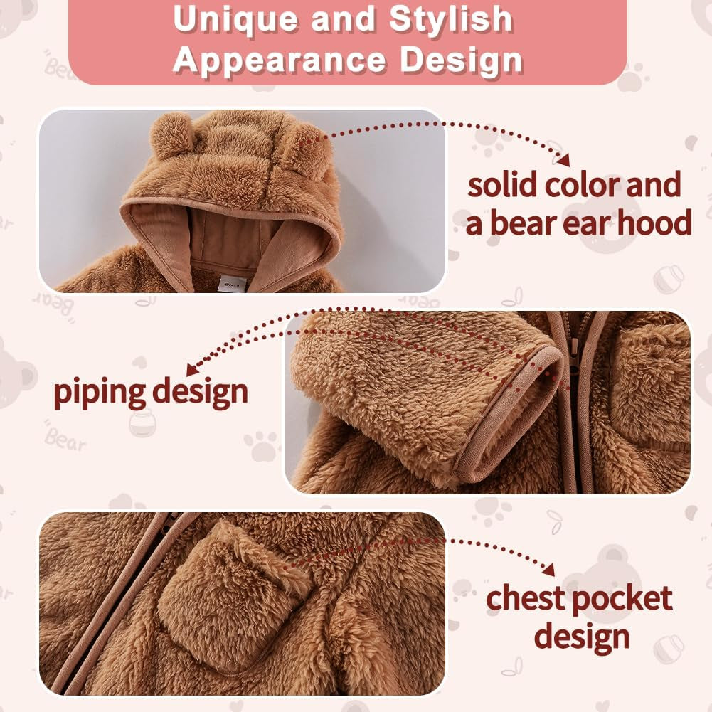 Baby Snowsuit, Newborn Baby Bear Hooded Footed Romper Fleece Snowsuit Cartoon Flannel Zipper Jumpsuit Fall Winter Outfits