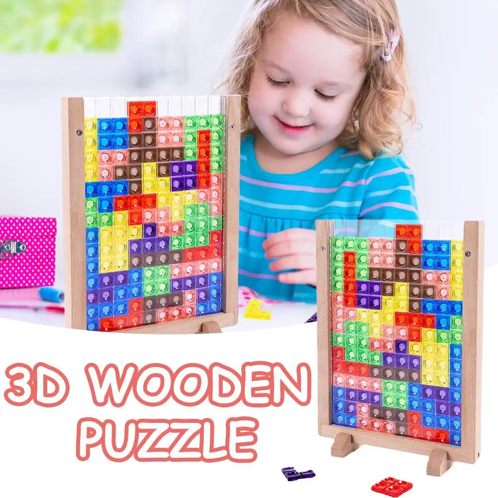 3D Tetris Puzzle Building Blocks Montessori Educational 40PCS Colorful Acrylic Puzzles with Premium Beechwood Frame