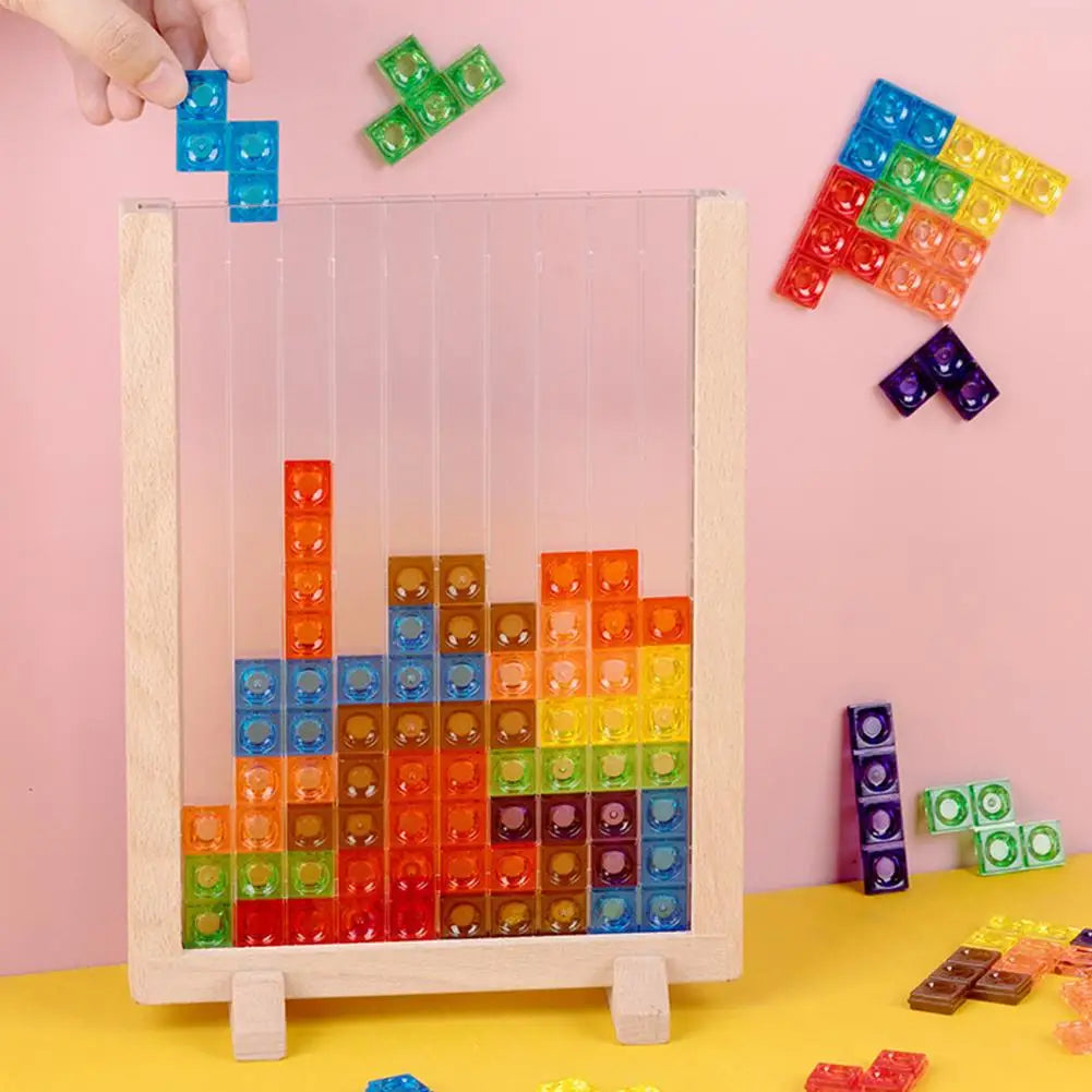 3D Tetris Puzzle Building Blocks Montessori Educational 40PCS Colorful Acrylic Puzzles with Premium Beechwood Frame