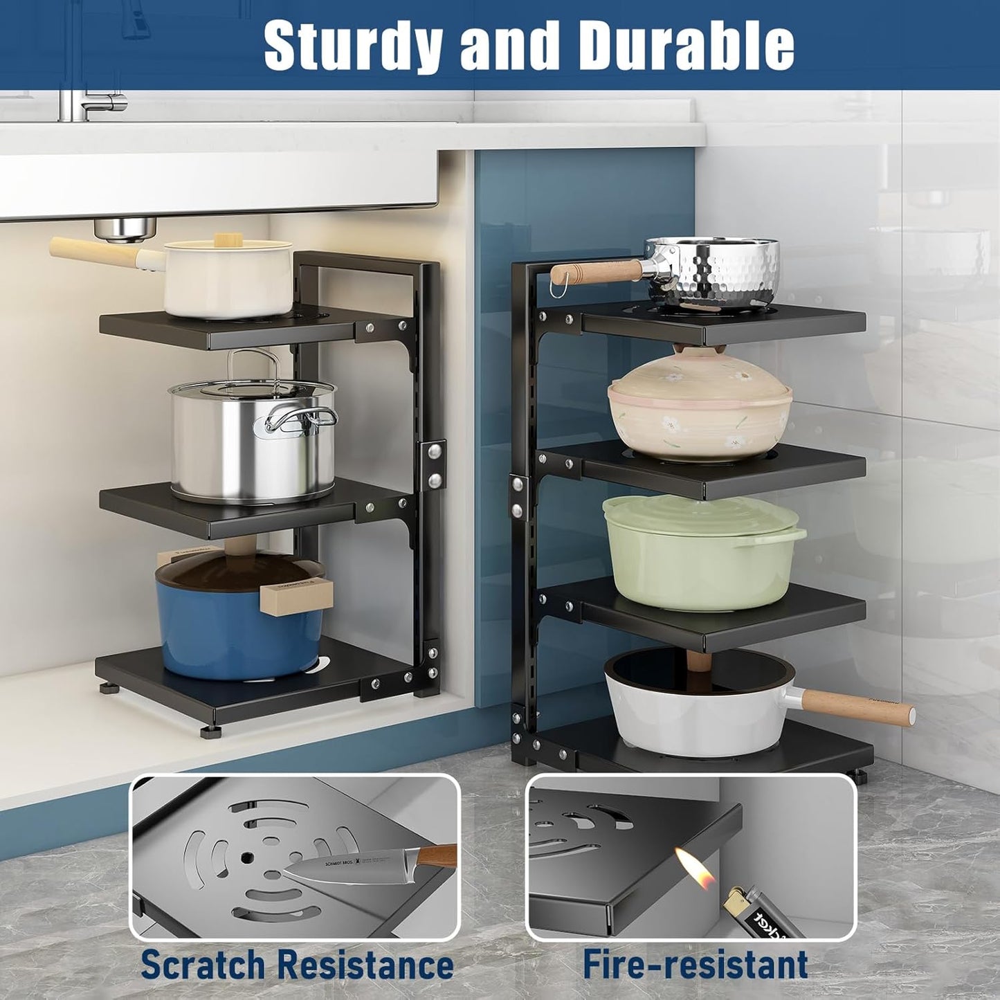 7-Tier Adjustable Heavy Duty Pan Organizer - Multiple Use Modes, Pot & Pan Rack for Kitchen Counter and Cabinet