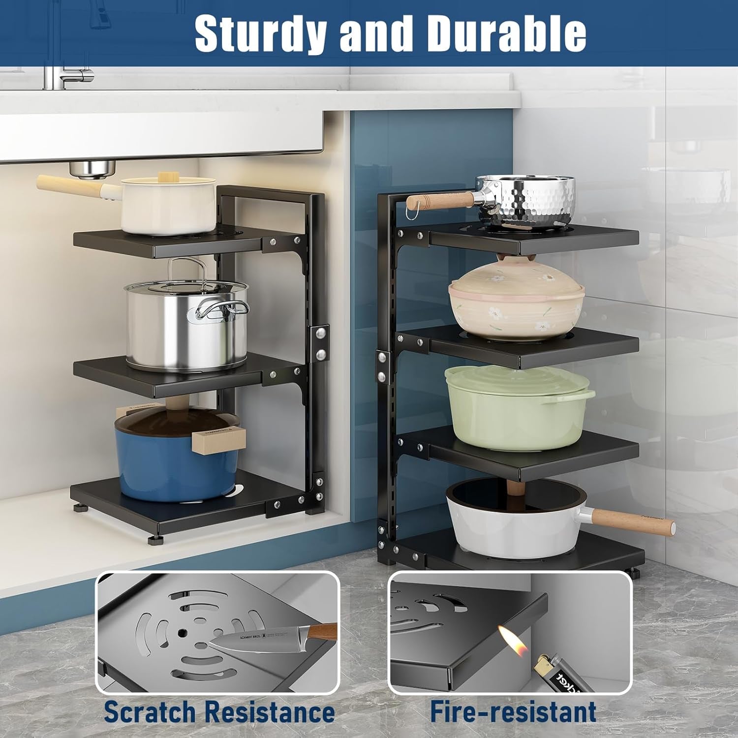7-Tier Adjustable Heavy Duty Pan Organizer - Multiple Use Modes, Pot & Pan Rack for Kitchen Counter and Cabinet