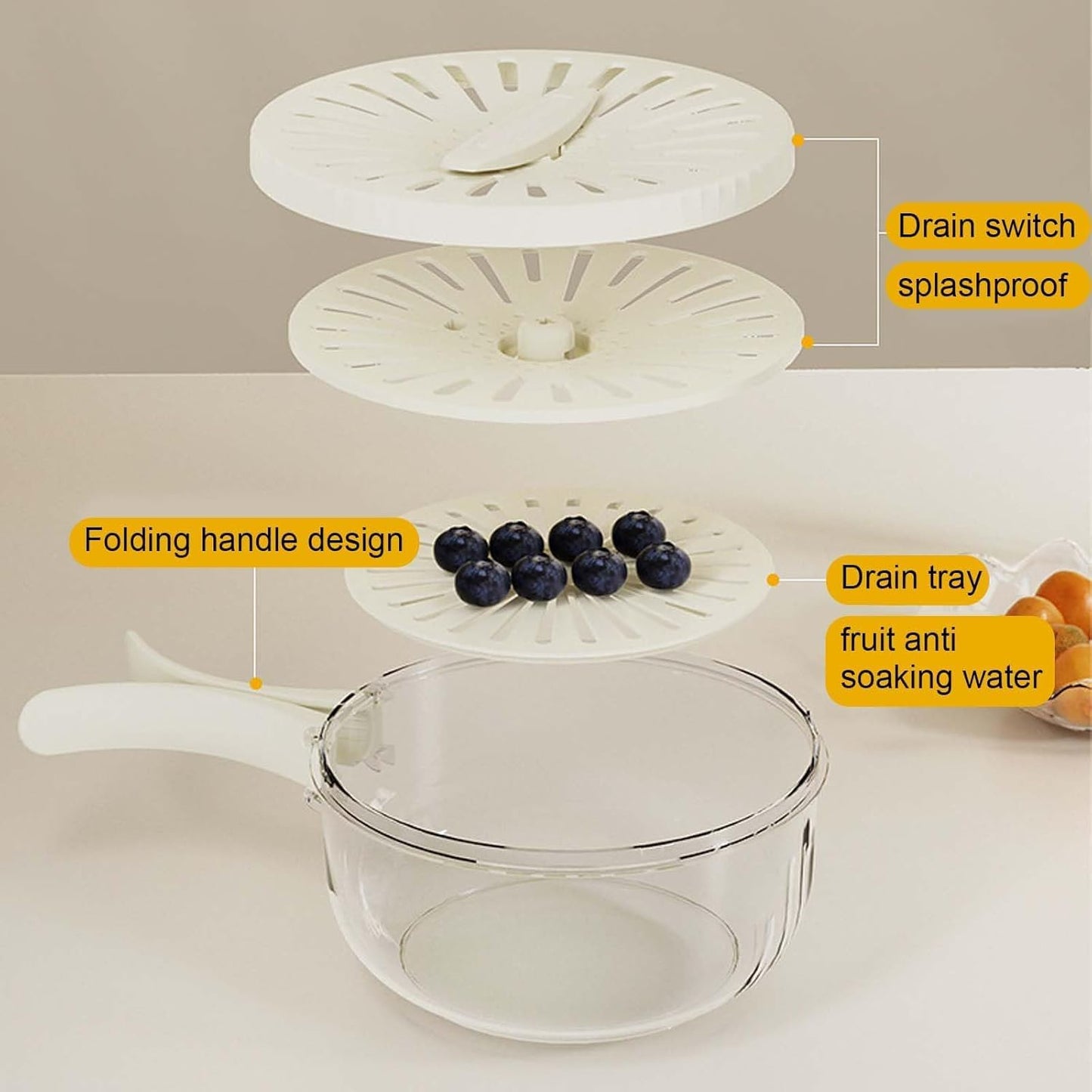 2 in 1 Dish Drainer and Strainer, Multifunctional Fruit and Vegetable Washing Bowl, Fruit Drain Basket with Foldable Handle & Lid, Plastic, for Outdoor, Picnic，For Salad Pasta Fruits