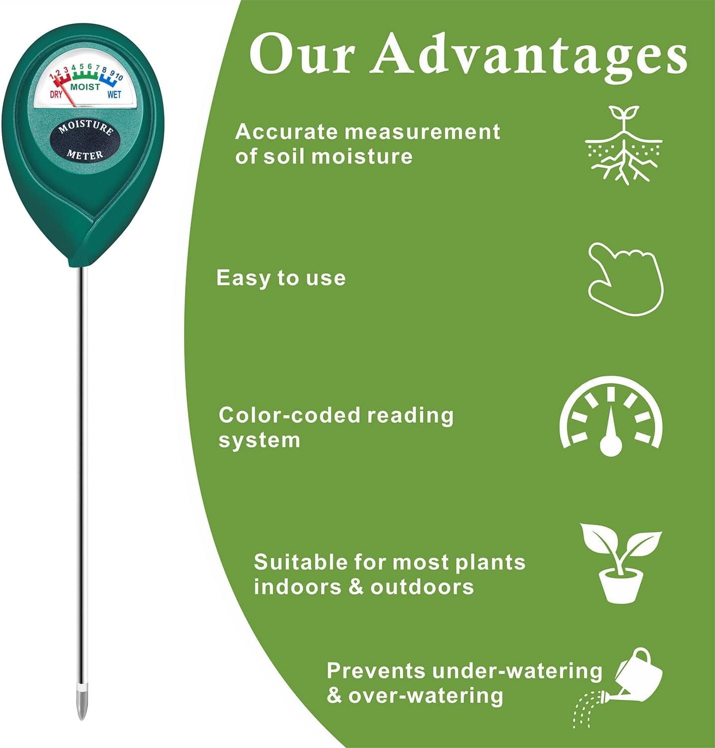 Soil Moisture Meter, Plant Water Monitor, Hygrometer Sensor for Gardening, Farming, Indoor and Outdoor Plants, No Batteries Required