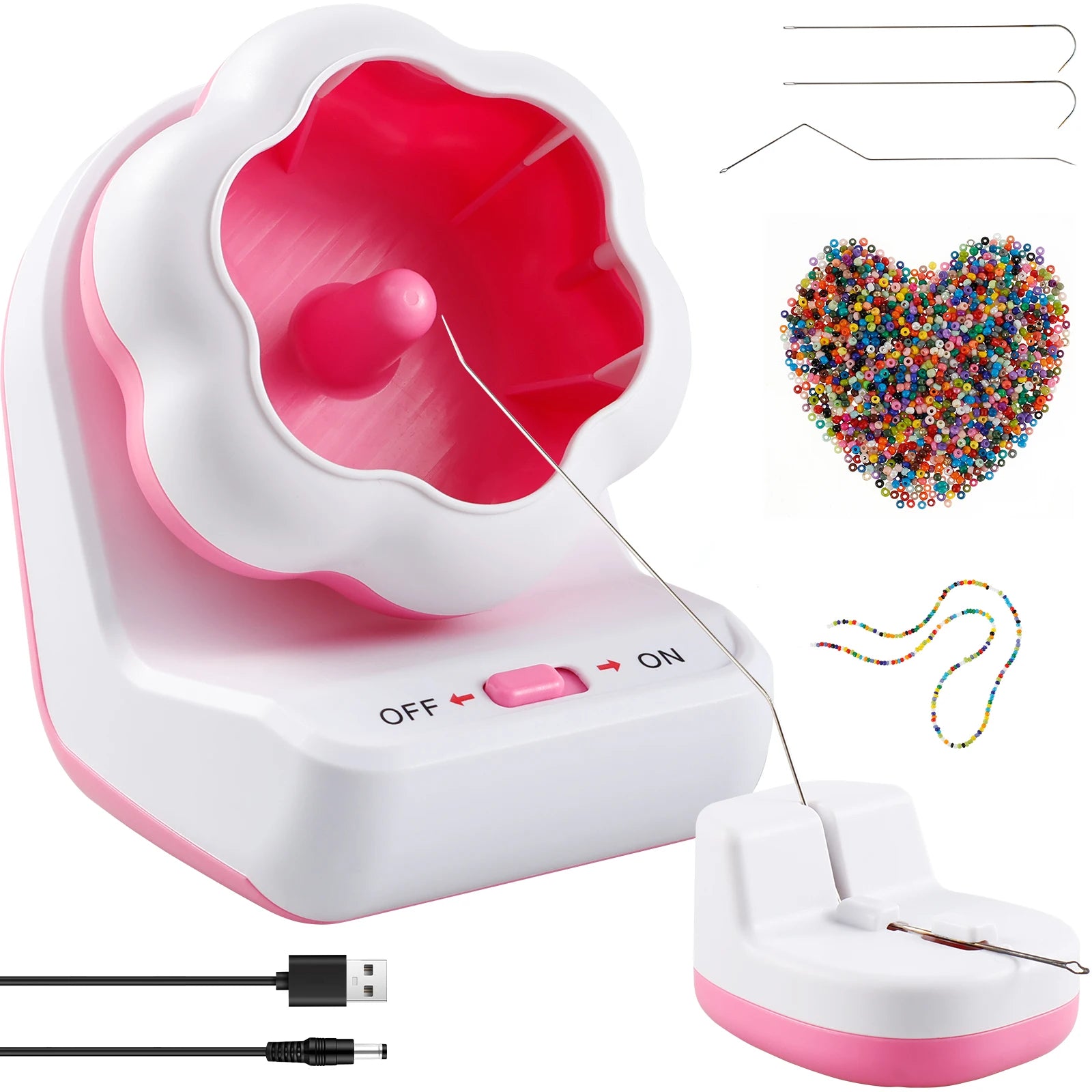 Electric Bead Spinner with Base Automatically Clay Bead Spinner with 2 Needles Fast Beading Spinner Machine for Jewelry Making