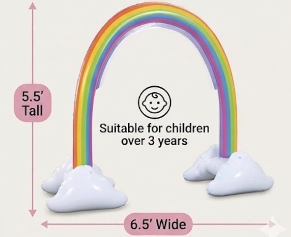 New||Inflatable Rainbow Arch Sprinkler with Cloud Bases, Outdoor Water Toy, 5.5Ft Tall, 6.5Ft Wide, for Ages 3+||