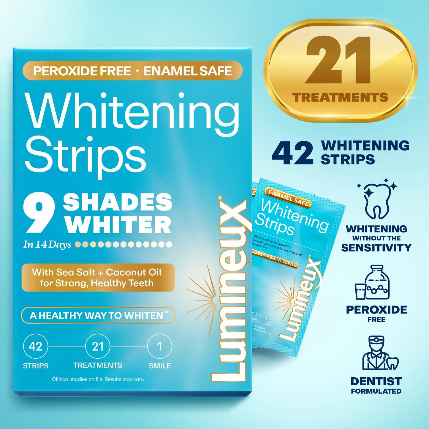 Lumineux Mineral Salt Whitening Strips 9 Treatments or 21 Treatments - Peroxide Free - Enamel Safe for Whiter Teeth - Whitening without the Sensitivity - Dentist Formulated - Sensitivity