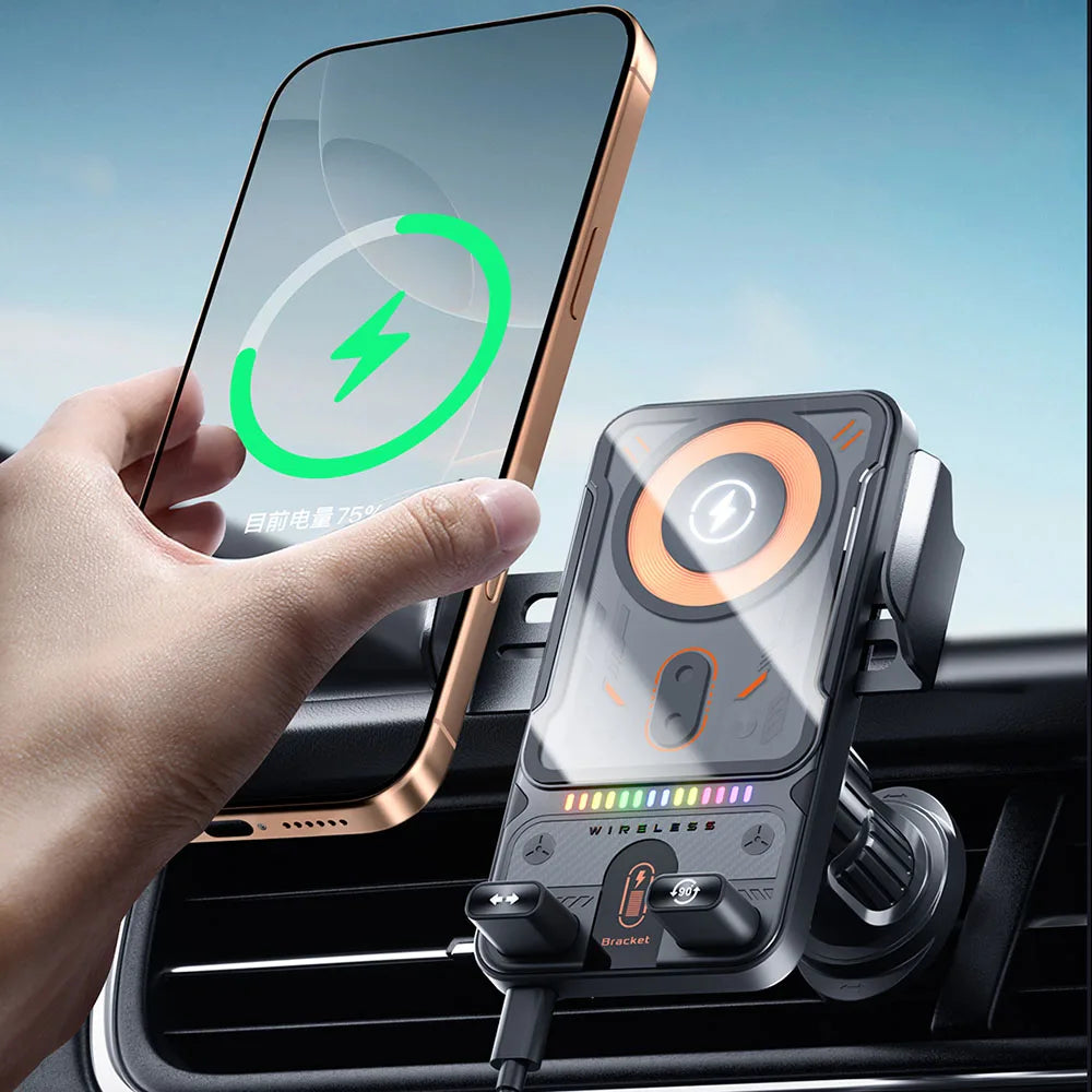 Car Universal Air Vent Electric Rotating Opening Closing Phone Holder 15W Wireless Charger Dual Coil Smart Phones Fast Charging