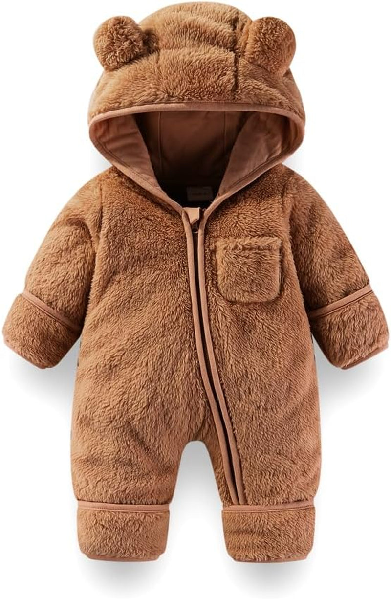 Baby Snowsuit, Newborn Baby Bear Hooded Footed Romper Fleece Snowsuit Cartoon Flannel Zipper Jumpsuit Fall Winter Outfits