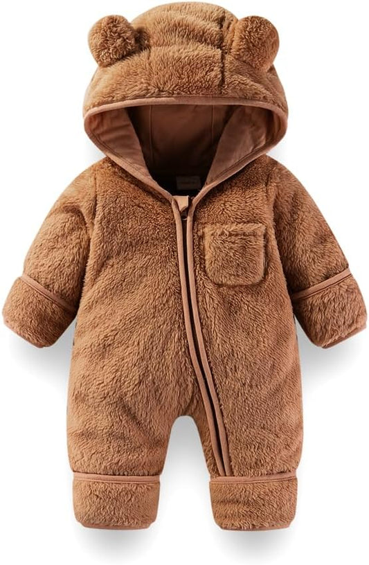 Baby Snowsuit, Newborn Baby Bear Hooded Footed Romper Fleece Snowsuit Cartoon Flannel Zipper Jumpsuit Fall Winter Outfits