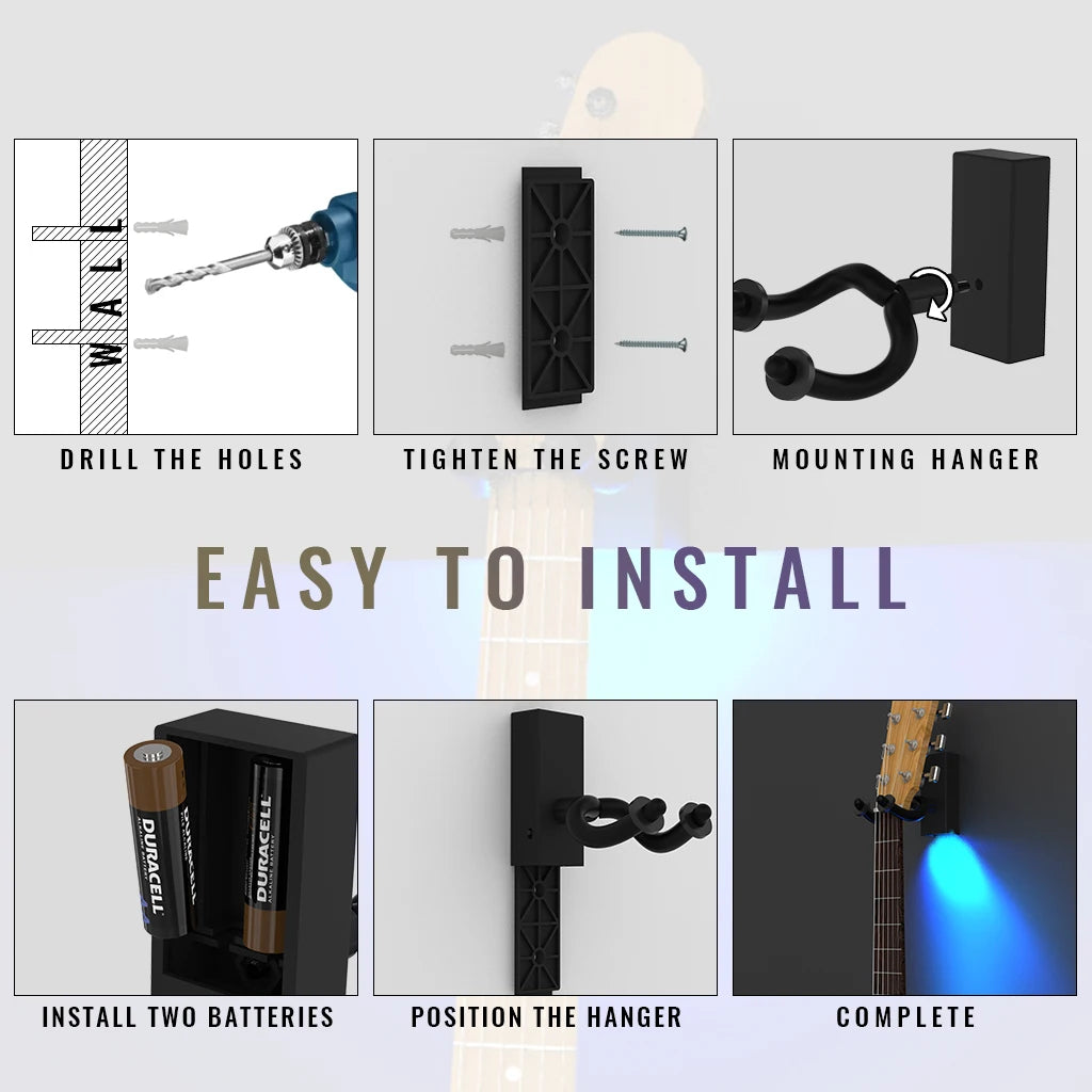 LED Guitar Hanger Wall Mount Bracket Holder 5KG Loading Capacity Acoustic Guitar Strings .010-.050 Inch Guitar Accessory