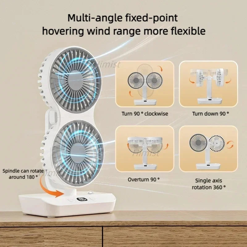 Double Head Desktop Oscillating Fan USB Rechargeable 4000Mah Battery Powered Portable Automatic Rotating Table Fan 4 Gear Wind