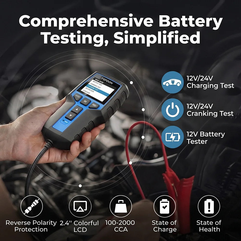 BT200 12V Car Battery Tester Digital Automotive Diagnostic Battery Tester Analyzer Vehicle Cranking Charging Scanner Tool