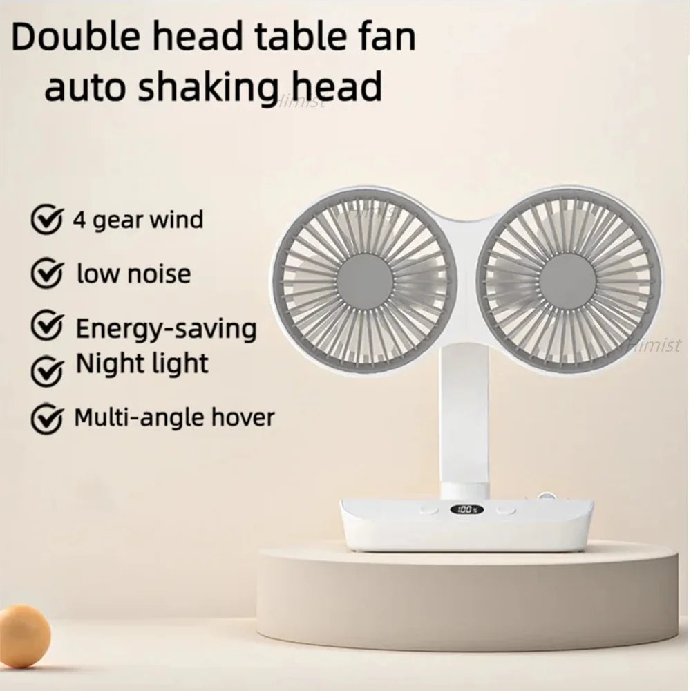 Double Head Desktop Oscillating Fan USB Rechargeable 4000Mah Battery Powered Portable Automatic Rotating Table Fan 4 Gear Wind