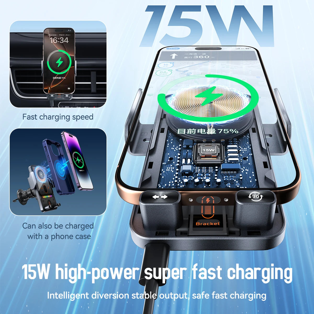 Car Universal Air Vent Electric Rotating Opening Closing Phone Holder 15W Wireless Charger Dual Coil Smart Phones Fast Charging