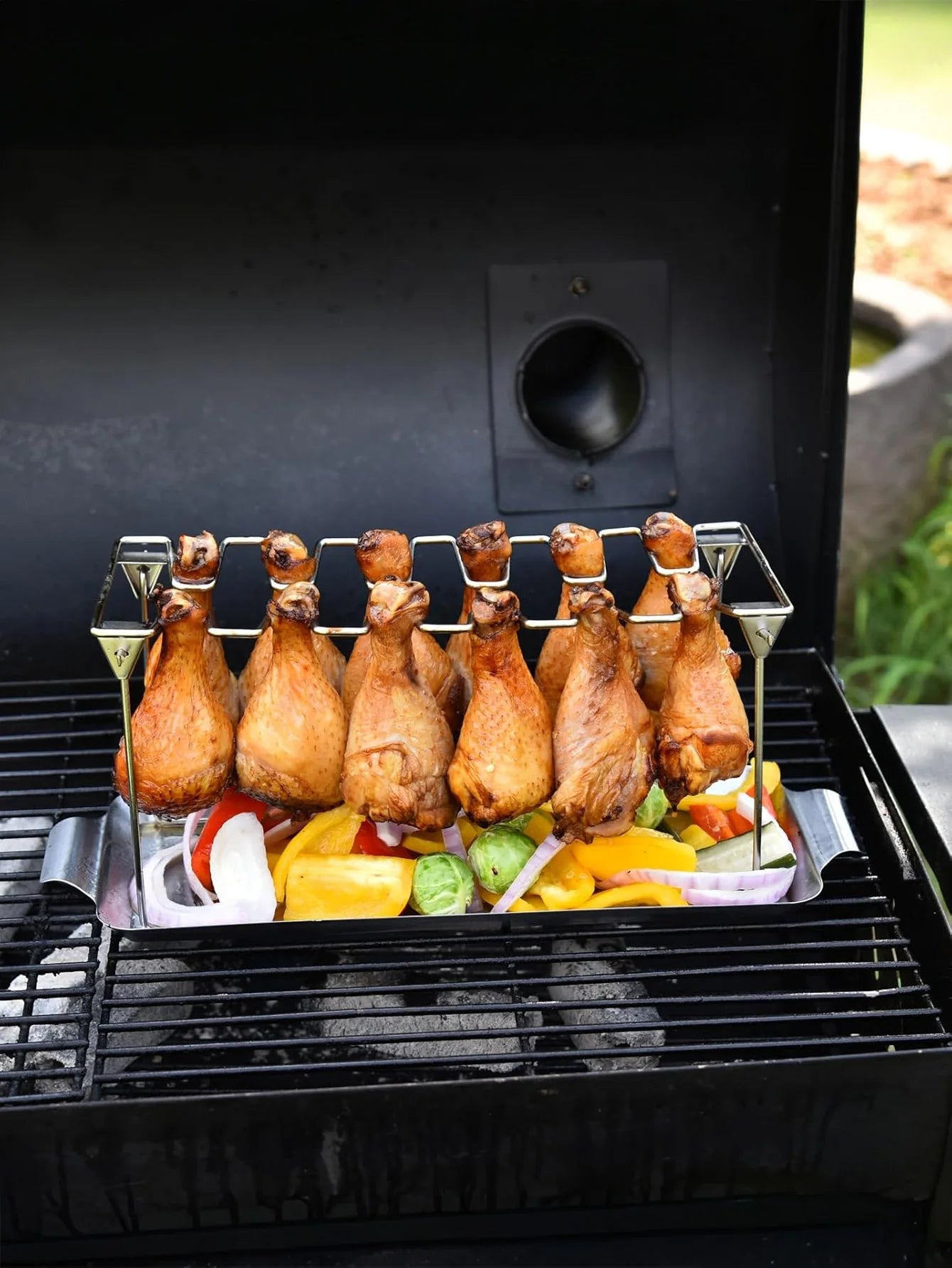 Chicken Leg Rack for Grill with Drip Tray- 14 Slots Chicken Wing Rack- Premium Stainless Steel Chicken Drumstick Rack for Smoker