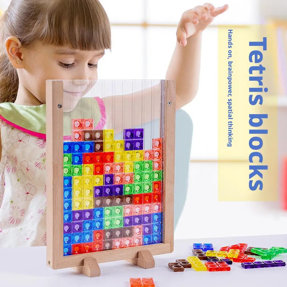 3D Tetris Puzzle Building Blocks Montessori Educational 40PCS Colorful Acrylic Puzzles with Premium Beechwood Frame