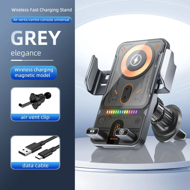 Car Universal Air Vent Electric Rotating Opening Closing Phone Holder 15W Wireless Charger Dual Coil Smart Phones Fast Charging