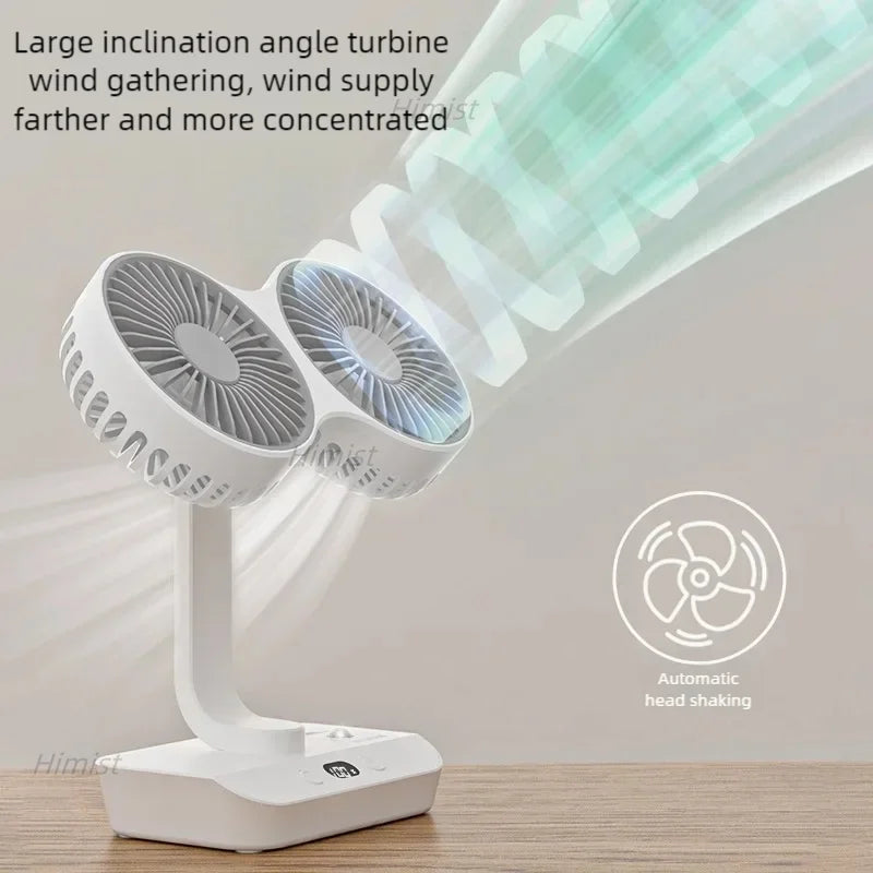 Double Head Desktop Oscillating Fan USB Rechargeable 4000Mah Battery Powered Portable Automatic Rotating Table Fan 4 Gear Wind