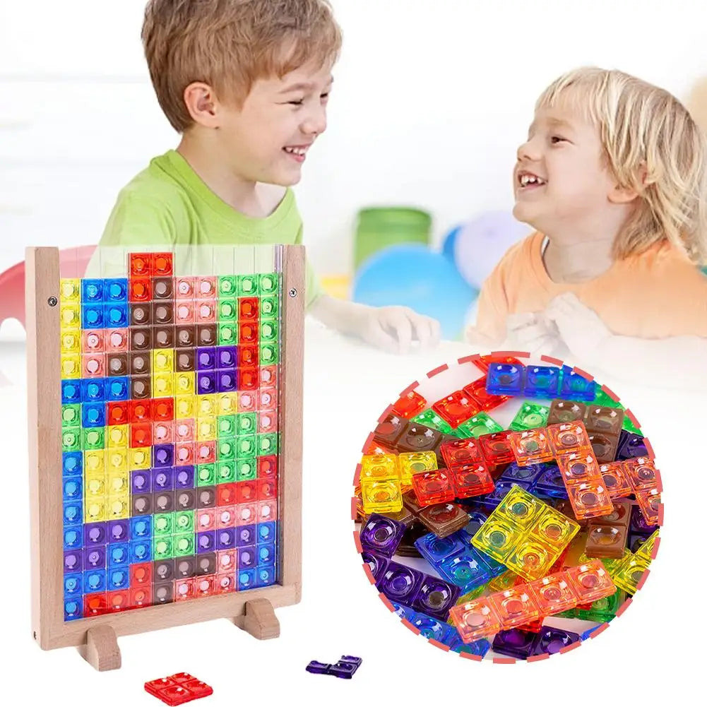 3D Tetris Puzzle Building Blocks Montessori Educational 40PCS Colorful Acrylic Puzzles with Premium Beechwood Frame