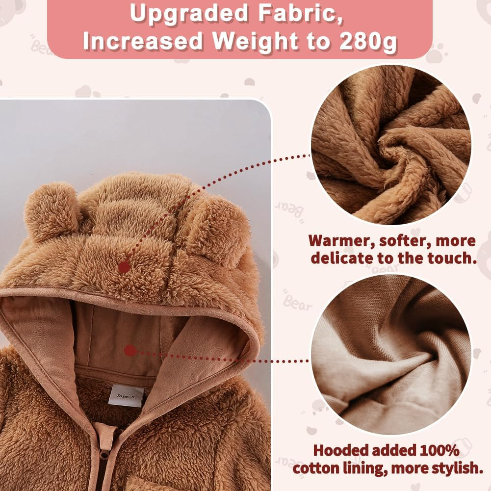 Baby Snowsuit, Newborn Baby Bear Hooded Footed Romper Fleece Snowsuit Cartoon Flannel Zipper Jumpsuit Fall Winter Outfits