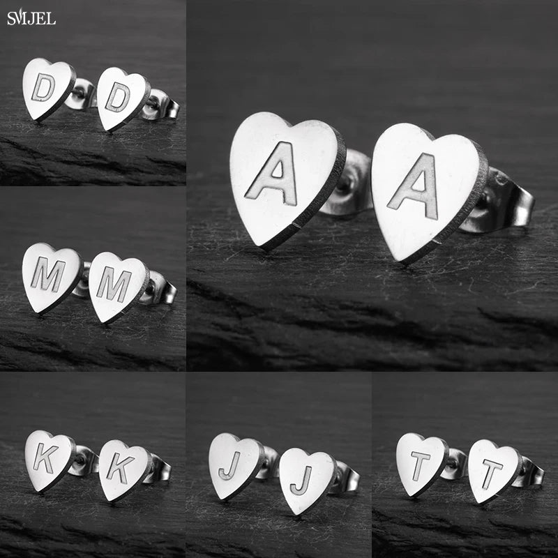 100% Stainless Steel A-Z Initial Earrings for Women Girls Personalize Letter Name Heart Stud Earring Family Jewelry Best Gifts