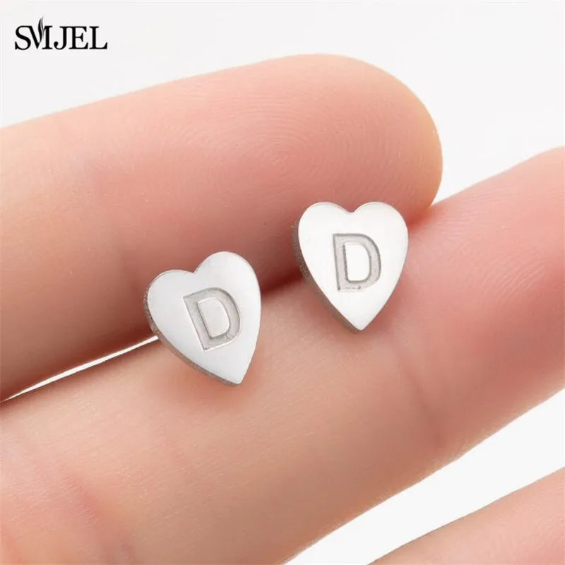 100% Stainless Steel A-Z Initial Earrings for Women Girls Personalize Letter Name Heart Stud Earring Family Jewelry Best Gifts