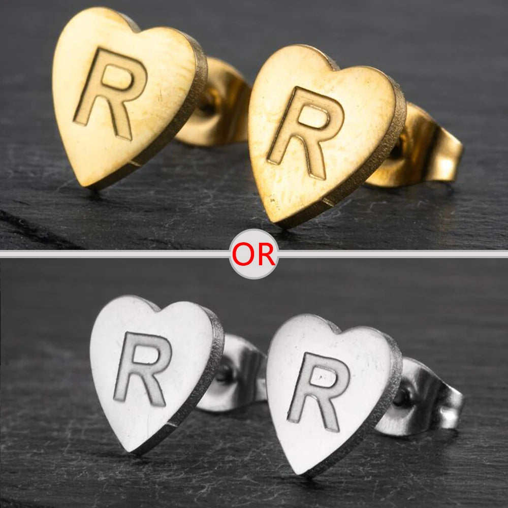 100% Stainless Steel A-Z Initial Earrings for Women Girls Personalize Letter Name Heart Stud Earring Family Jewelry Best Gifts