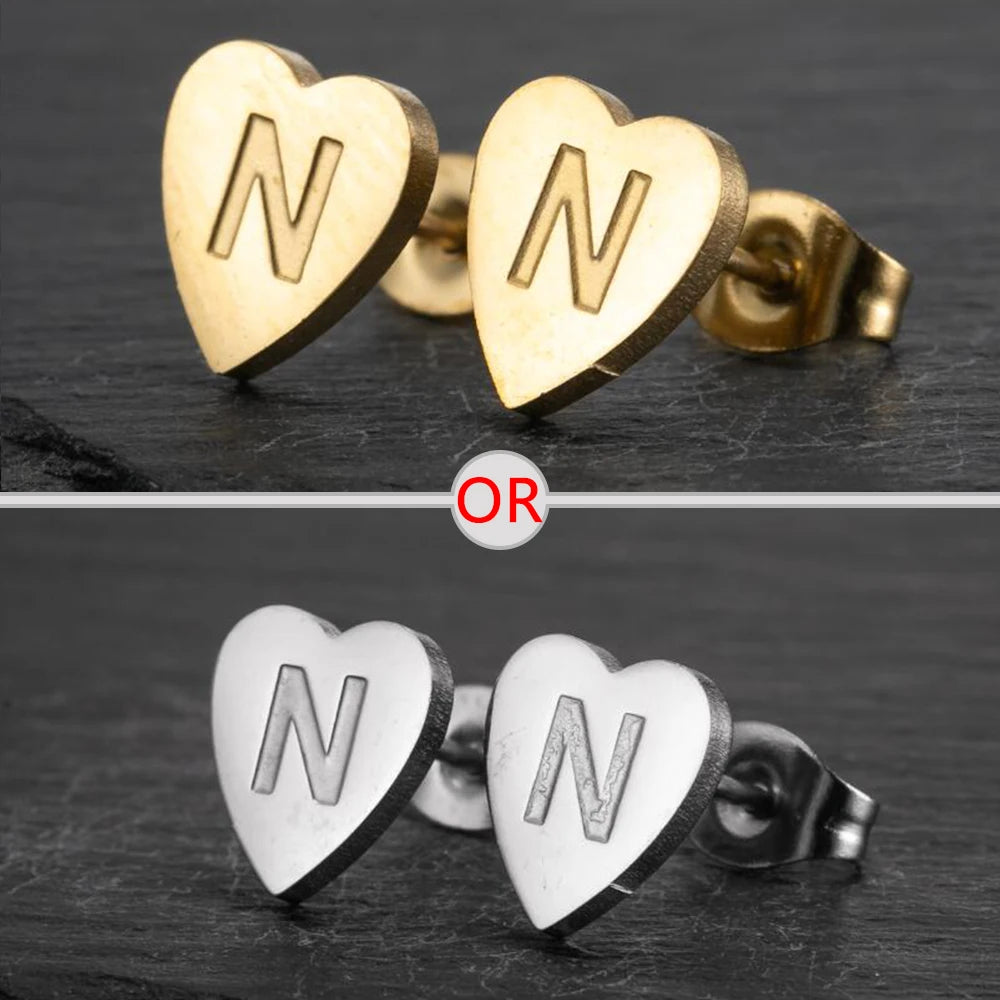 100% Stainless Steel A-Z Initial Earrings for Women Girls Personalize Letter Name Heart Stud Earring Family Jewelry Best Gifts