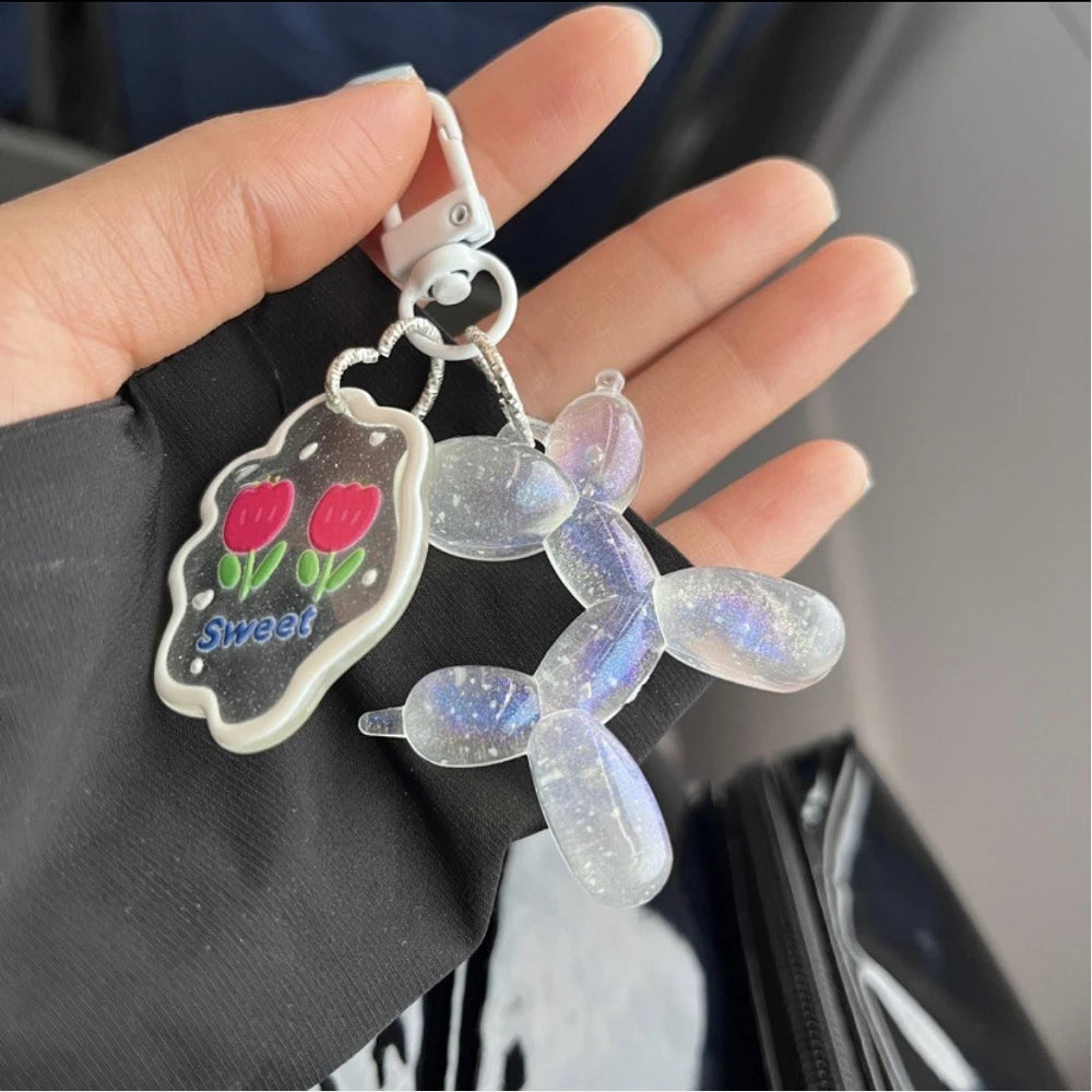 Glow In The Dark Balloon Dog Keychain for Women Cute Cartoon Bag Decoration Puppy Key Chain with Flower Charms Girl Friend Gift
