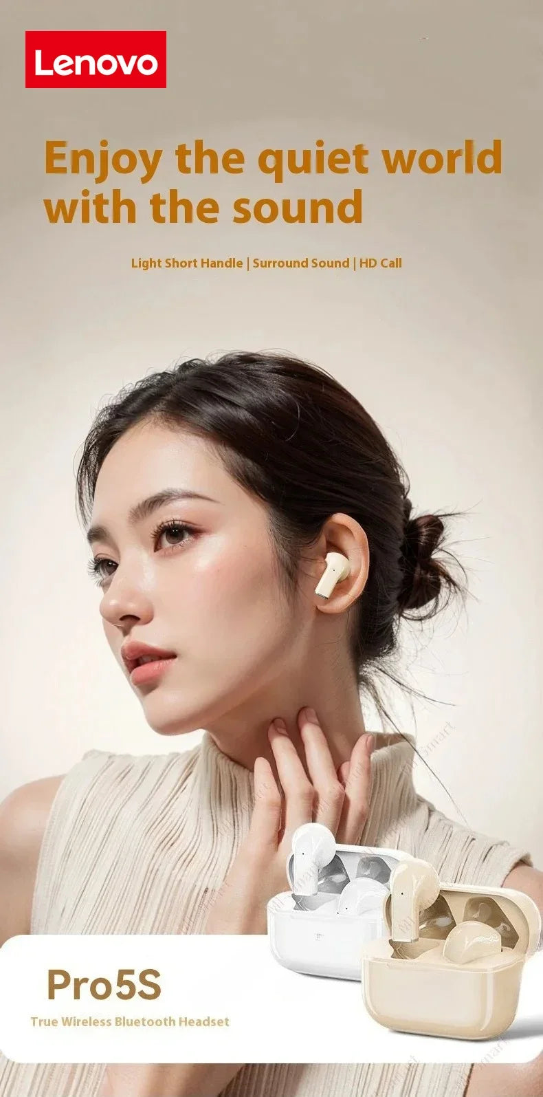 Lenovo Pro 5s Headphones Mini Portable Wireless Bluetooth Earphones Noise Reduction and Long Battery Life With Mic 2026