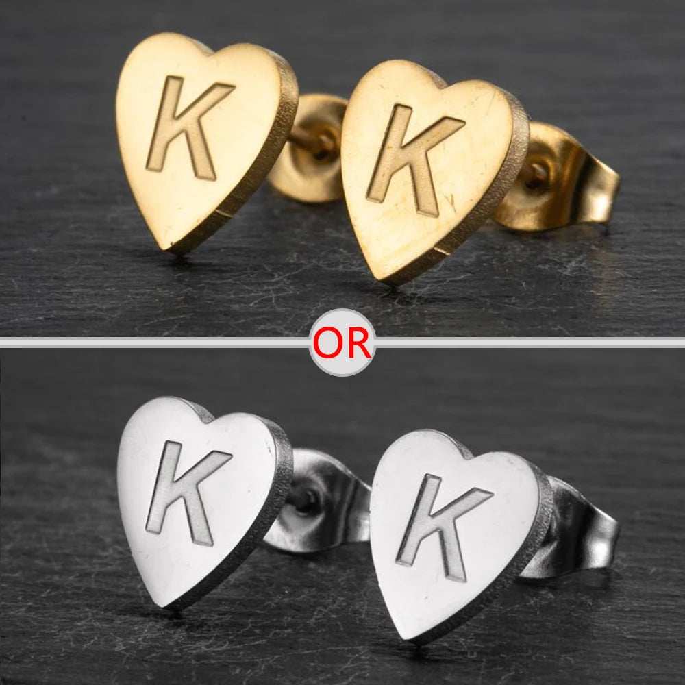 100% Stainless Steel A-Z Initial Earrings for Women Girls Personalize Letter Name Heart Stud Earring Family Jewelry Best Gifts