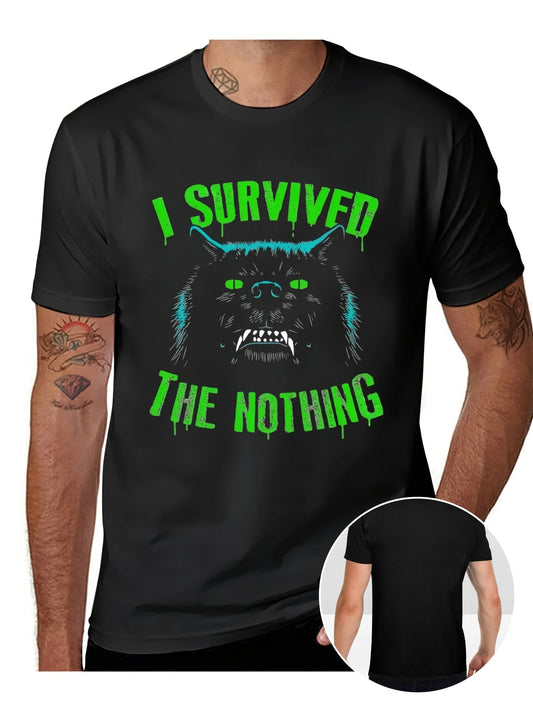 Men's Vintage Neverending Story "I Survived The Nothing" T-Shirt - 80s Movie Retro Tee with Hot Transfer Print, Cotton Crew Neck Short Sleeve Shirt for Casual Wear & Themed Events, Iconic Retro Design