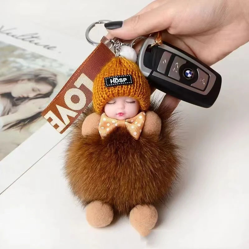 Cute Fluffy Plush Sleepy Doll Keychain For Women Bag Car Key Chain Kawaii Key Ring On Bag Car Trinket Pendant Gift