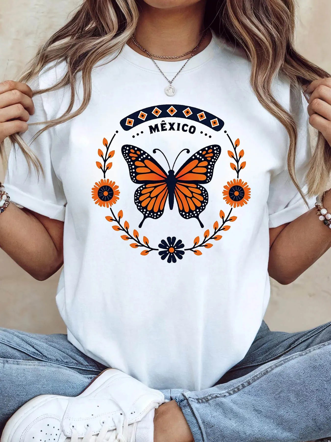 Women'S Mexico Butterfly & Flower Theme T-Shirt | Monarch Butterfly & Flower & Slogan Decor Casual Short Sleeve, Exotic Travel Festive Top, Spring/Summer Season