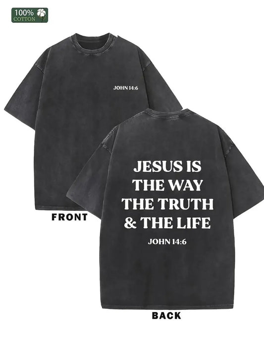 1pc, 230G Dual-Sided Washed Jesus Is the Way Truth Life Print Cotton T-Shirt, High-Quality Wax Print Retro Streetwear Style, Round Neck Casual Fit, All-Season Comfort, Machine Washable, Holiday Gift for Men