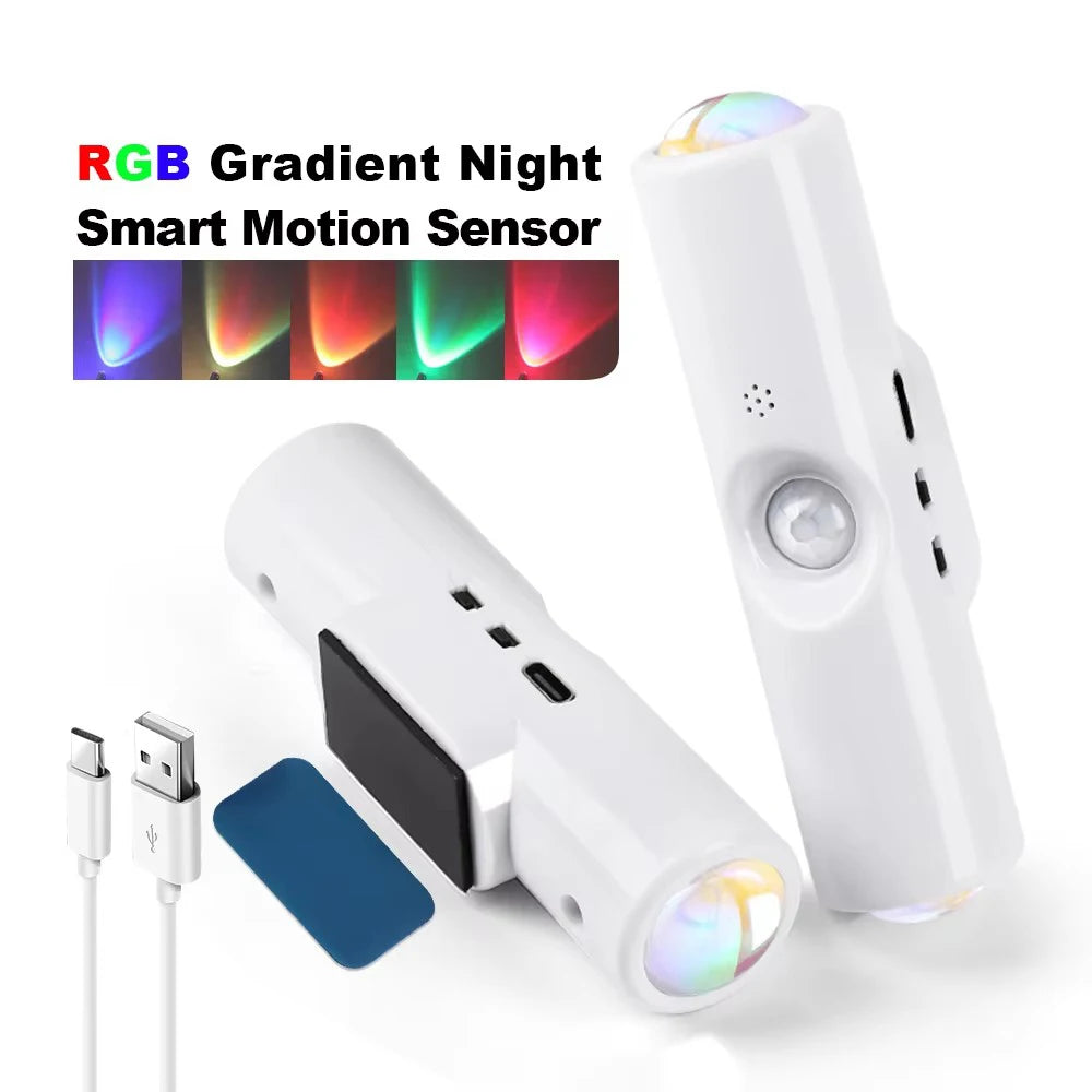 2Pcs Double-head LED Night Light Motion Sensor RGB Rechargeable Magnetic Wall Lamp Mood Ambient Light for Cabinet Hallway Stair