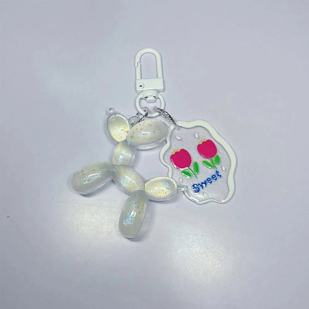 Glow In The Dark Balloon Dog Keychain for Women Cute Cartoon Bag Decoration Puppy Key Chain with Flower Charms Girl Friend Gift