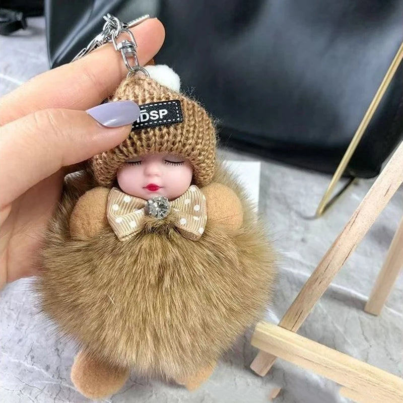 Cute Fluffy Plush Sleepy Doll Keychain For Women Bag Car Key Chain Kawaii Key Ring On Bag Car Trinket Pendant Gift