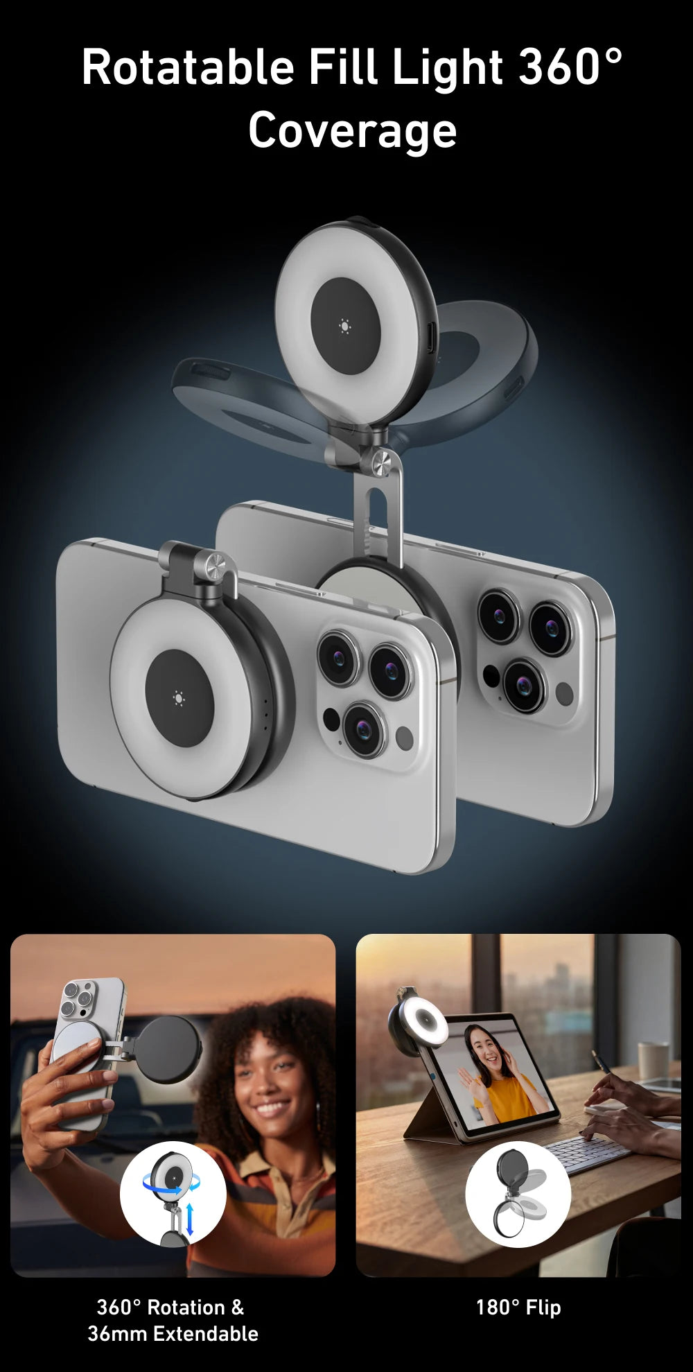 TELESIN Magnetic Fill Light Mini Selfie Light 3 Modes Adjustable Brightness with iPhone Magsafe 360° LED Selfie Ring Fill Light