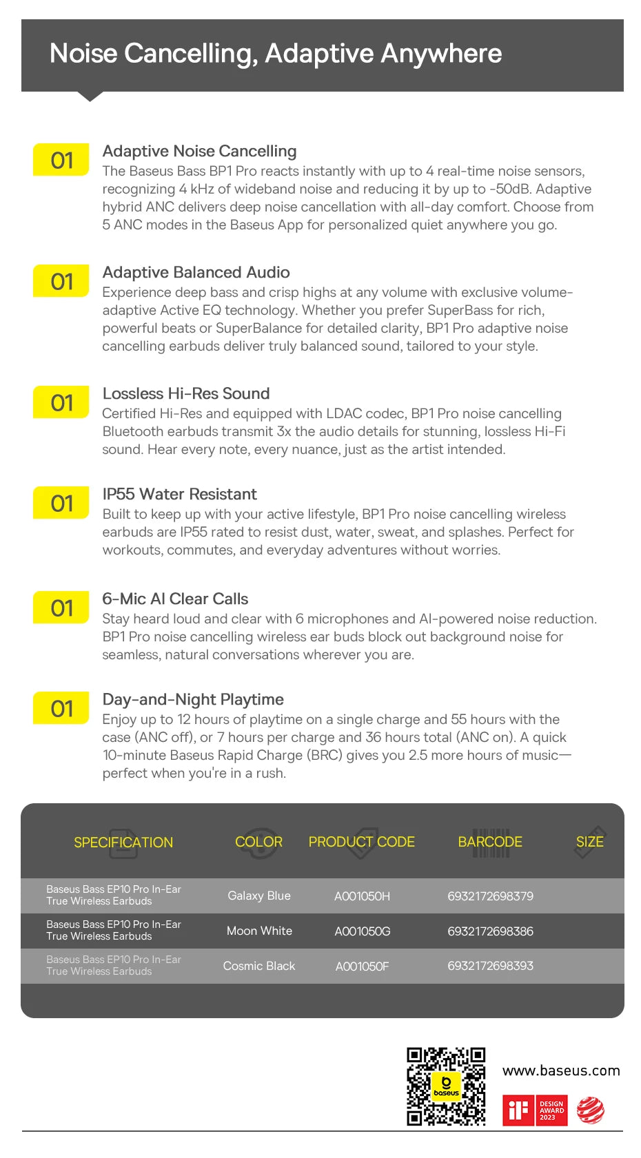 Baseus EP10 Pro ANC Earbuds Wireless Bluetooth 6.0 Earphones 50dB Realtime Adaptive Headphones 6 Mic Hi-Res LDAC IP55  Ear Buds