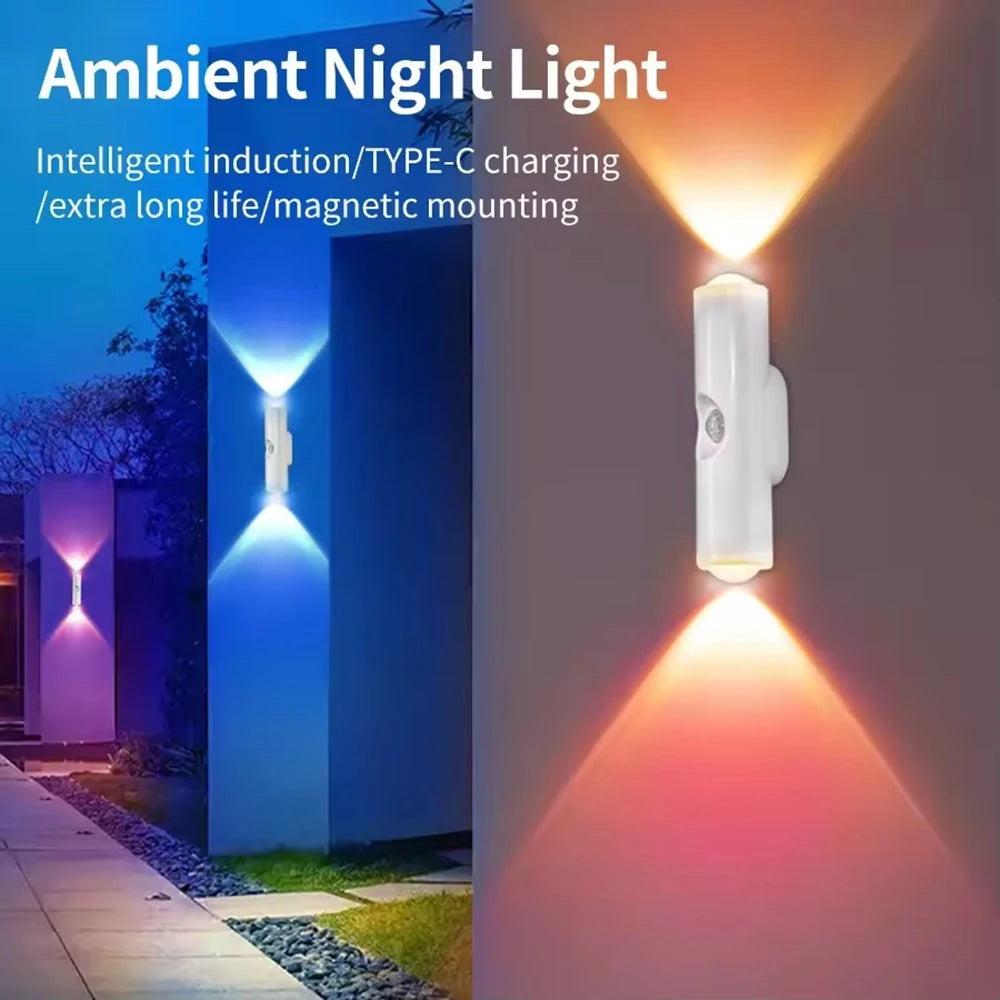 2Pcs Double-head LED Night Light Motion Sensor RGB Rechargeable Magnetic Wall Lamp Mood Ambient Light for Cabinet Hallway Stair