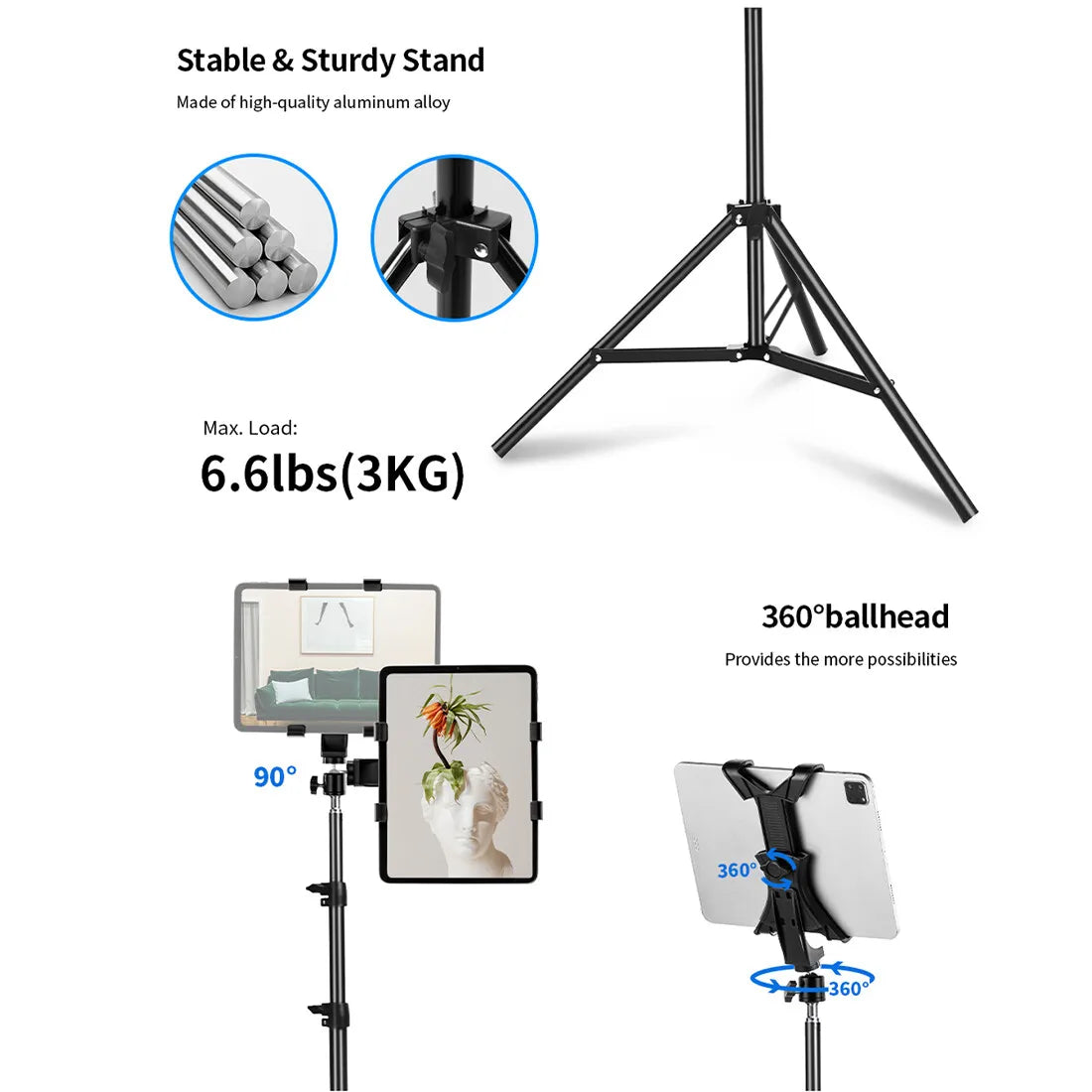 NEW 79" / 2M Adjustable Floor Tripod Stand Stable Universal Tablet Phone Holder Mount for 4-10.6" iPhone iPad Home Office Live Streaming UK