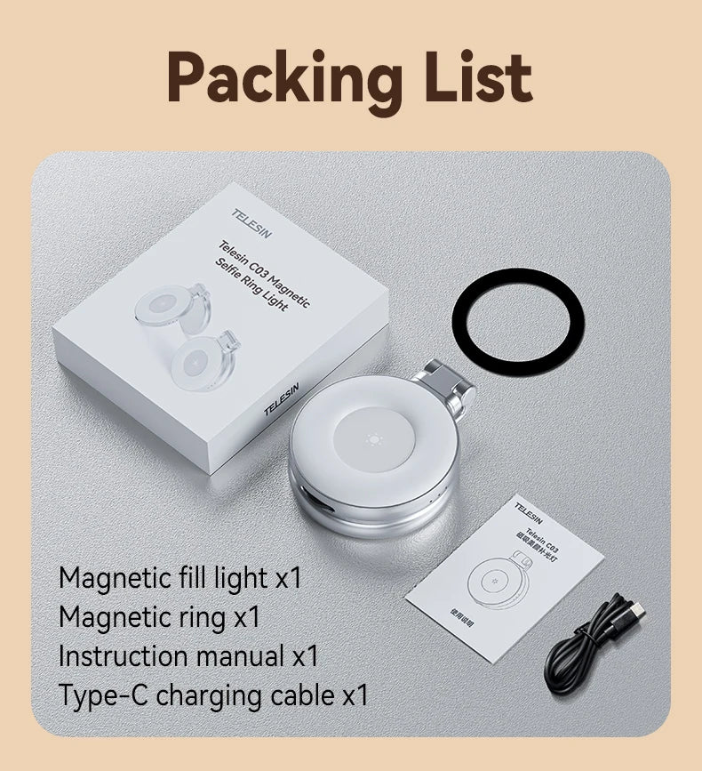 TELESIN Magnetic Fill Light Mini Selfie Light 3 Modes Adjustable Brightness with iPhone Magsafe 360° LED Selfie Ring Fill Light