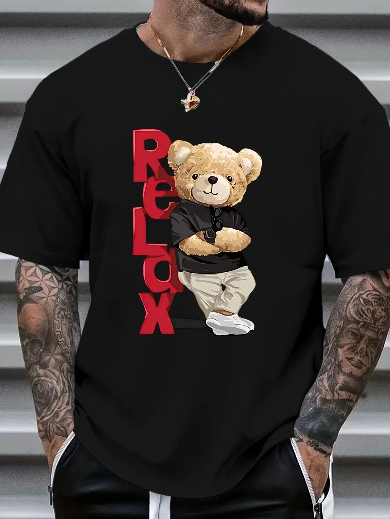 Men'S Fashionable Letter Bear Pattern Printed T-Shirt, Soft Round Neck, Comfortable Fit, Pure Fabric, Men'S T-Shirt, Summer Casual Short Sleeved T-Shirt
