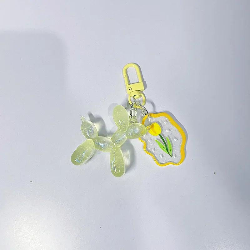 Glow In The Dark Balloon Dog Keychain for Women Cute Cartoon Bag Decoration Puppy Key Chain with Flower Charms Girl Friend Gift