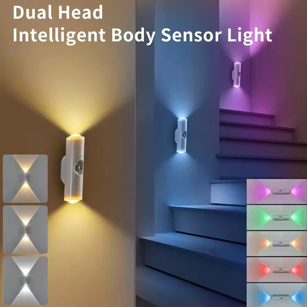 2Pcs Double-head LED Night Light Motion Sensor RGB Rechargeable Magnetic Wall Lamp Mood Ambient Light for Cabinet Hallway Stair