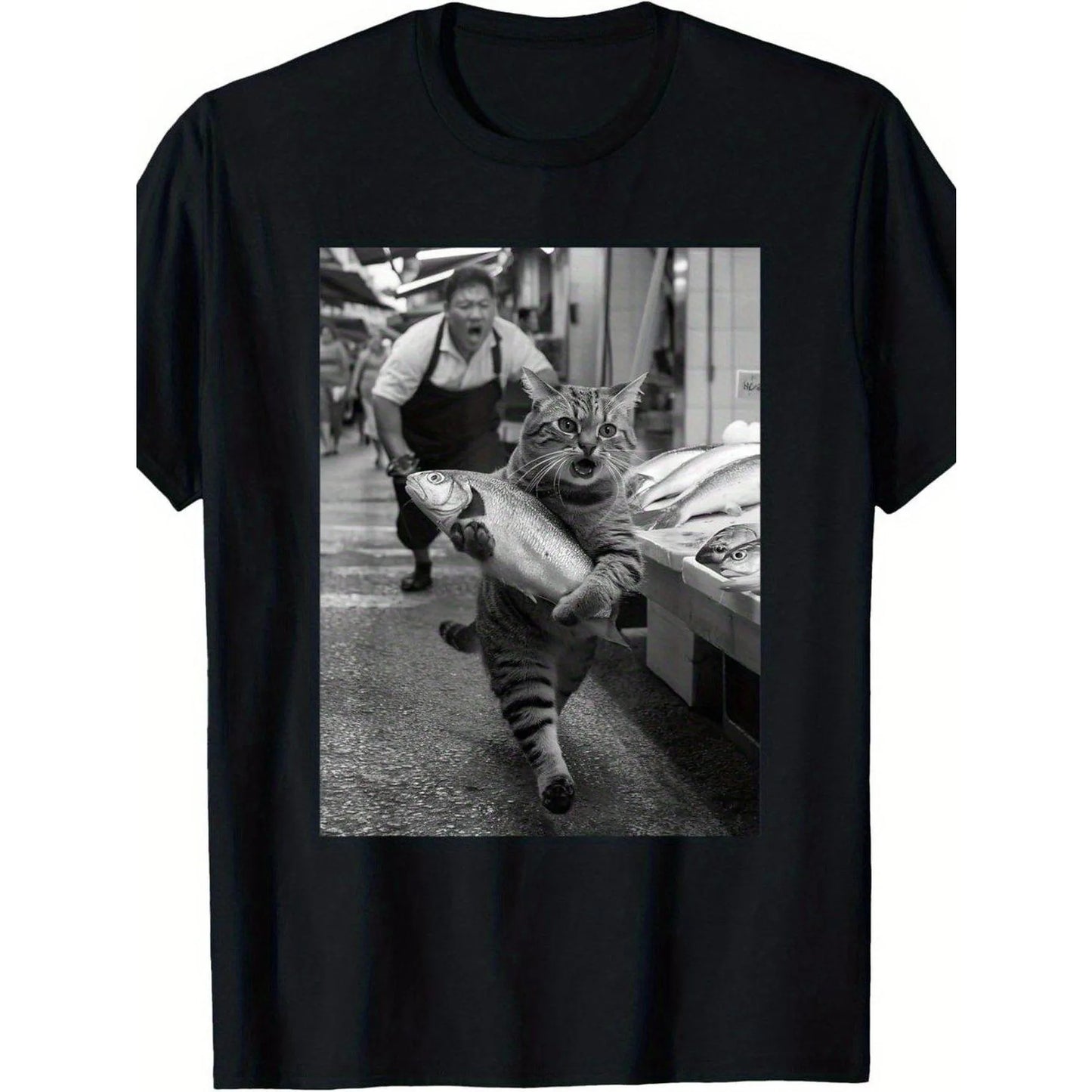 Funny Tabby Cat with Fish T-Shirt - Black Tee Featuring a Striped Cat in a Fish Market Scene, Perfect for Cat Lovers And Foodies - Breathable Summer Shirt for Casual Wear, Fun Gift Idea for Birthdays Or Just Because!