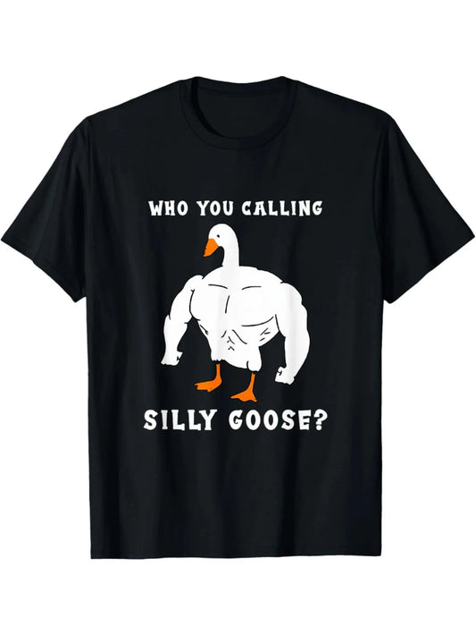 Men's Funny "Who You Calling Silly Goose?" Graphic T-Shirt - Muscular Duck Design, Soft Stretch Cotton, Regular Fit Short Sleeve Tee for Summer Casual Streetwear