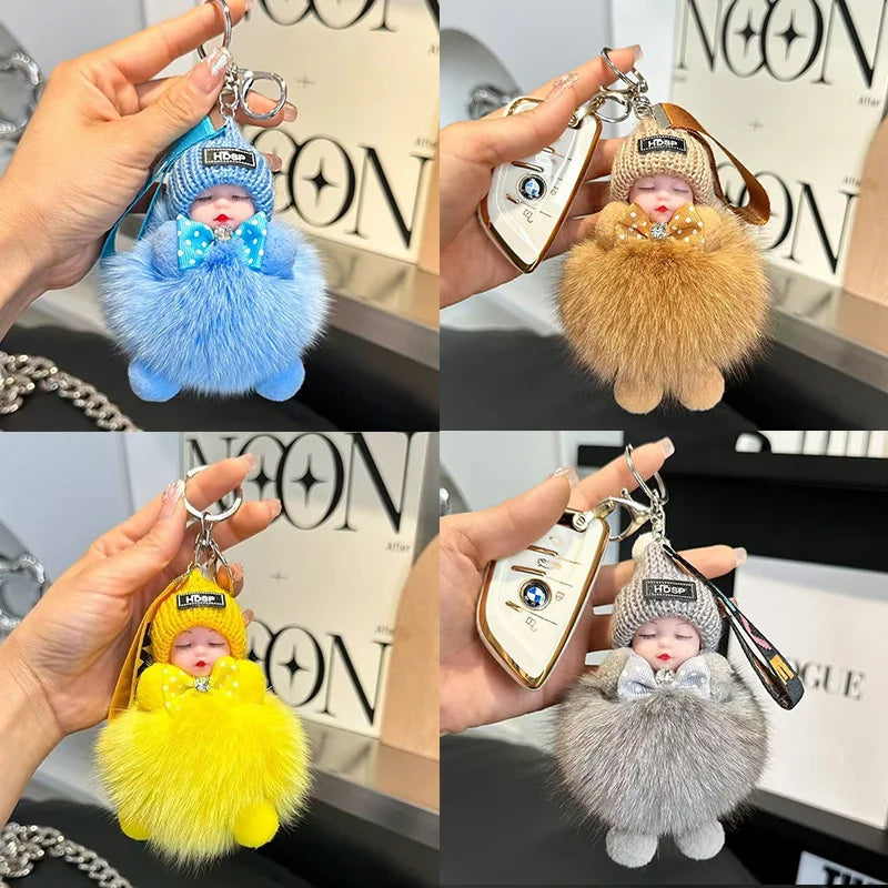 Cute Fluffy Plush Sleepy Doll Keychain For Women Bag Car Key Chain Kawaii Key Ring On Bag Car Trinket Pendant Gift