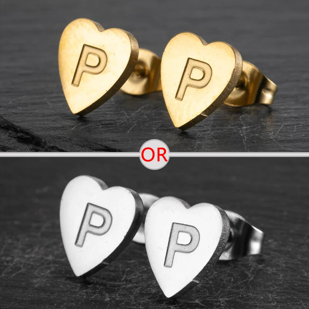 100% Stainless Steel A-Z Initial Earrings for Women Girls Personalize Letter Name Heart Stud Earring Family Jewelry Best Gifts